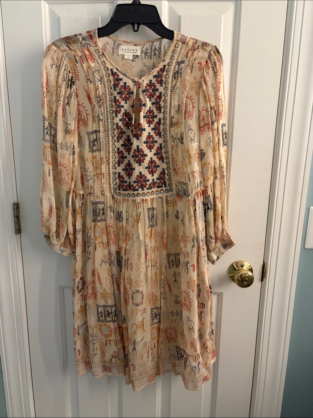 Velvet by Graham & Spencer Cream Embroidered Long-Sleeve Boho Dress